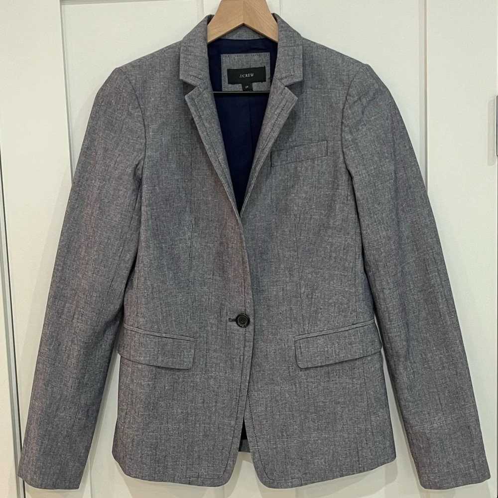 LIKE NEW J. Crew Regent Chambray Cotton Suit Jacket Blazer Coat 2 TALL